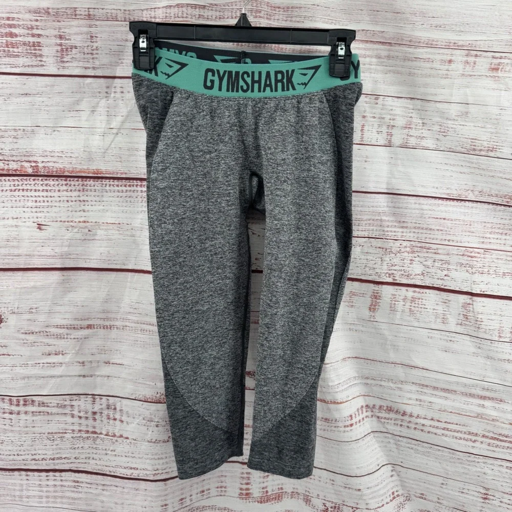 Gymshark Flex Cropped Leggings Womens‎ Small Grey Teal Logo Waistband Seamless